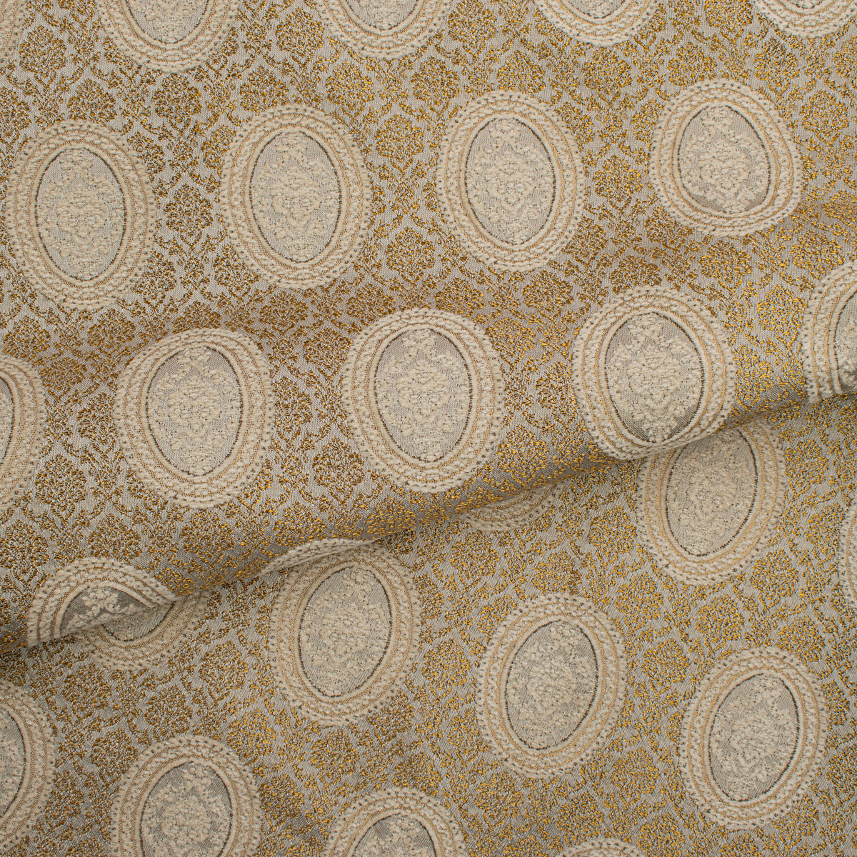 Baroque Oval Medallion Jacquard Curtaining & Upholstery Fabric in Beige