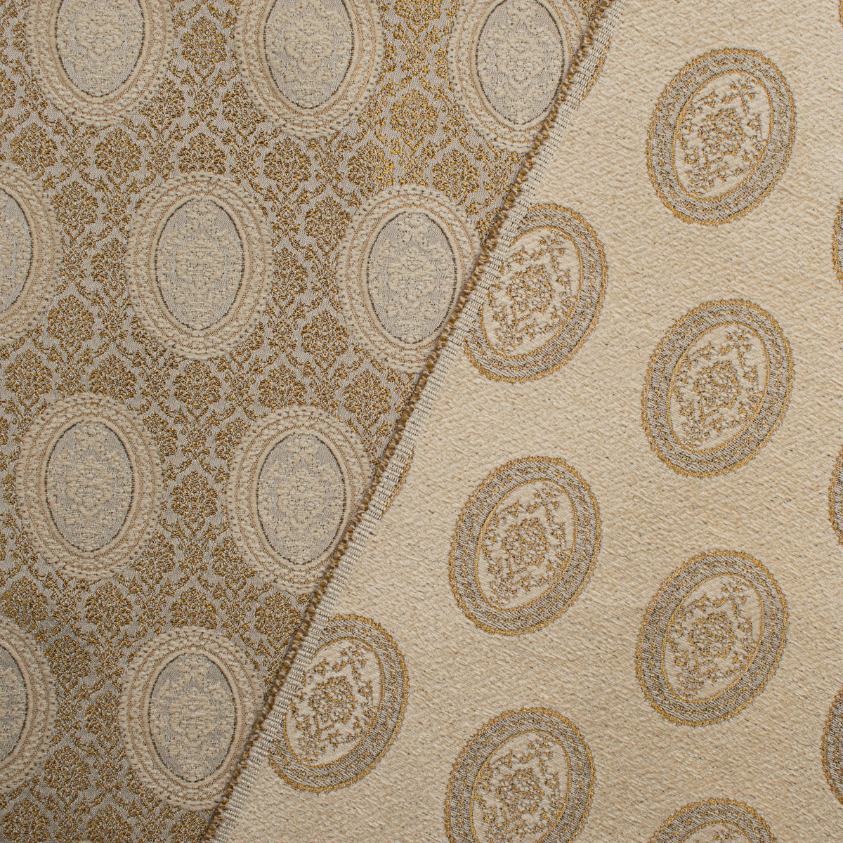 Baroque Oval Medallion Jacquard Curtaining & Upholstery Fabric in Beige