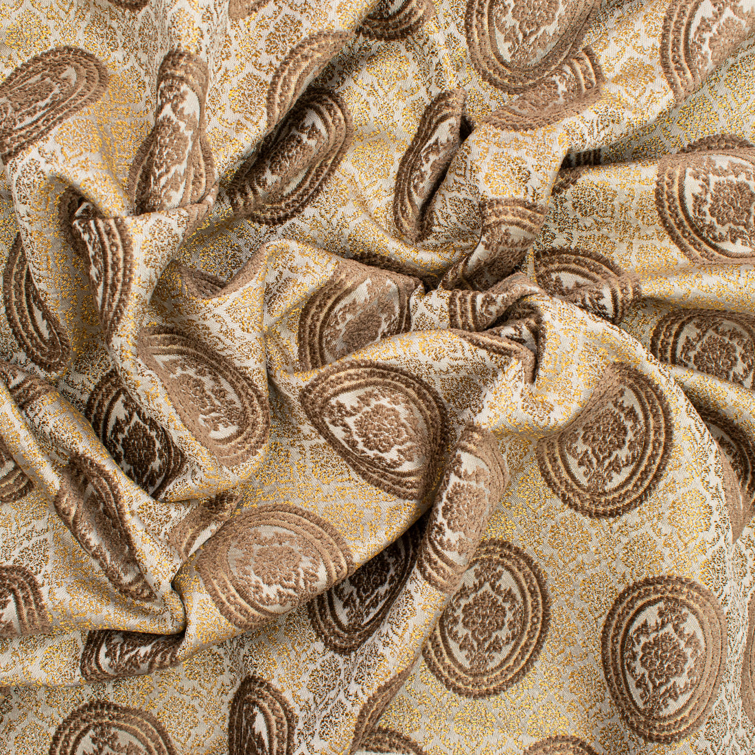 Baroque Oval Medallion Jacquard Curtaining & Upholstery Fabric in Brown