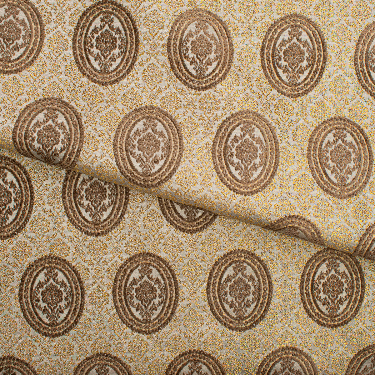 Baroque Oval Medallion Jacquard Curtaining & Upholstery Fabric in Brown