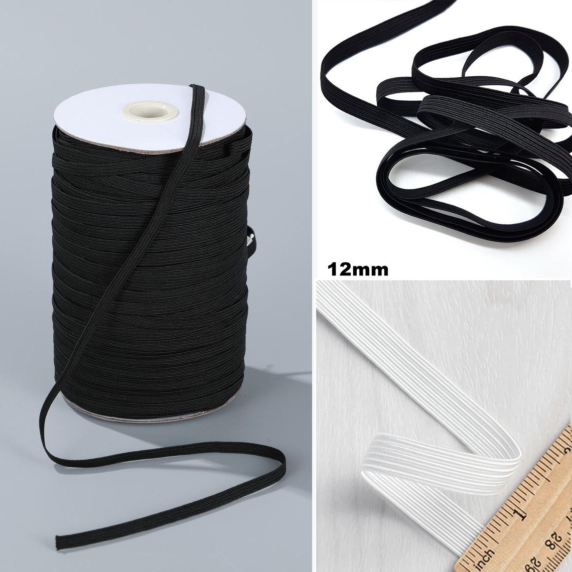 12mm Braided Elastic 100M Roll – Black and White