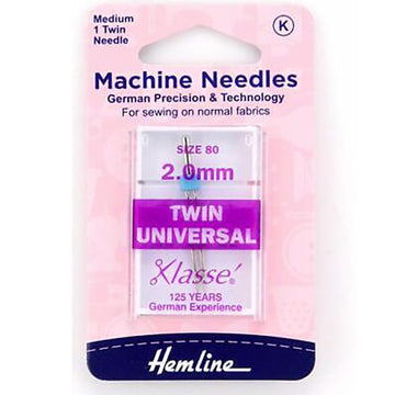 Hemline Klasse Sewing Machine Needles Twin-Universal 80/2.0mm - 1 Per Cassette