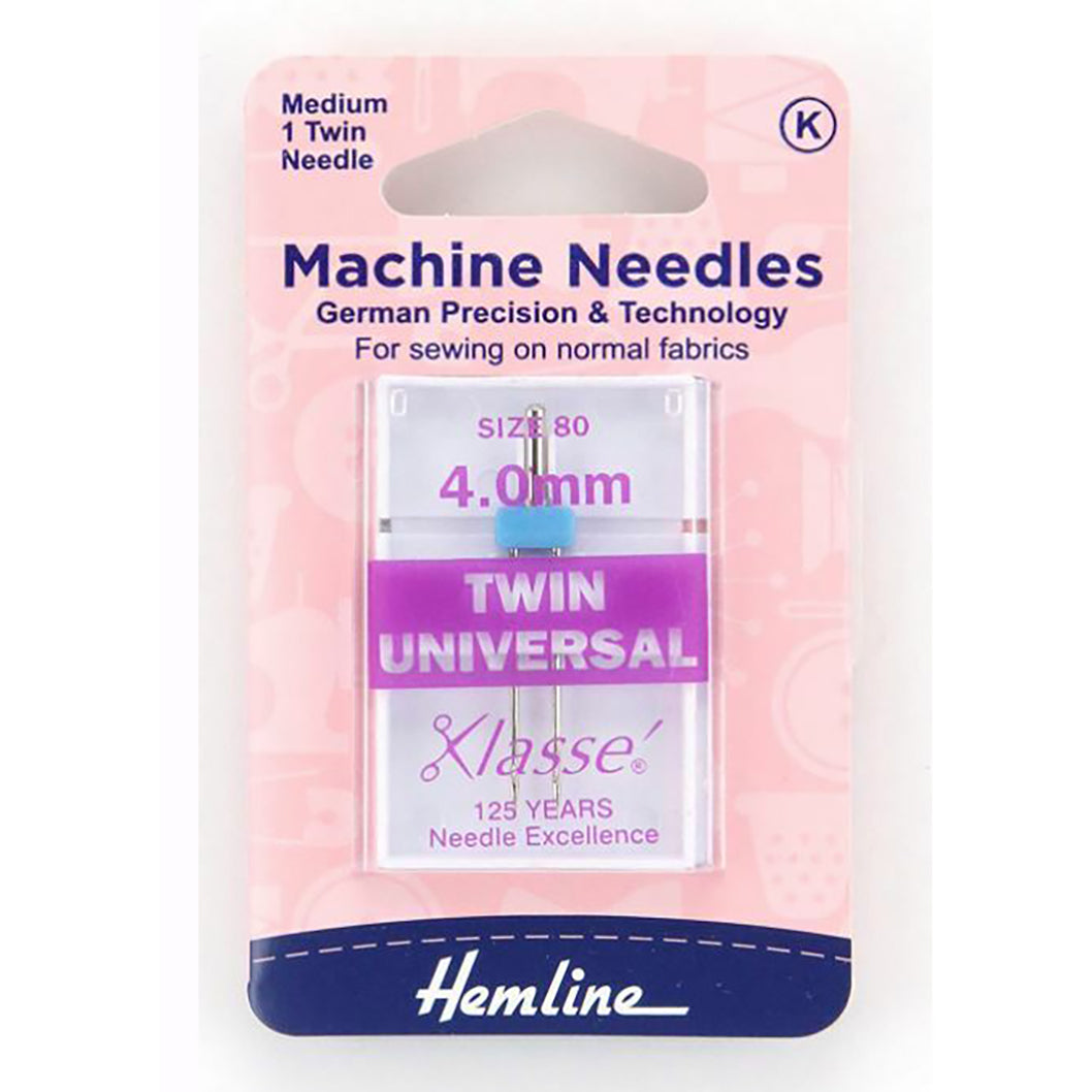 Hemline Klasse Sewing Machine Needles Twin-Universal 80/4.0mm - 1 Per Cassette