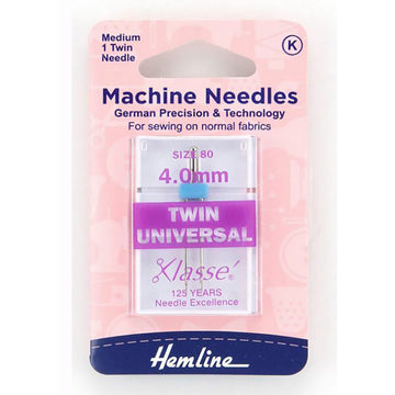 Hemline Klasse Sewing Machine Needles Twin-Universal 80/4.0mm - 1 Per Cassette