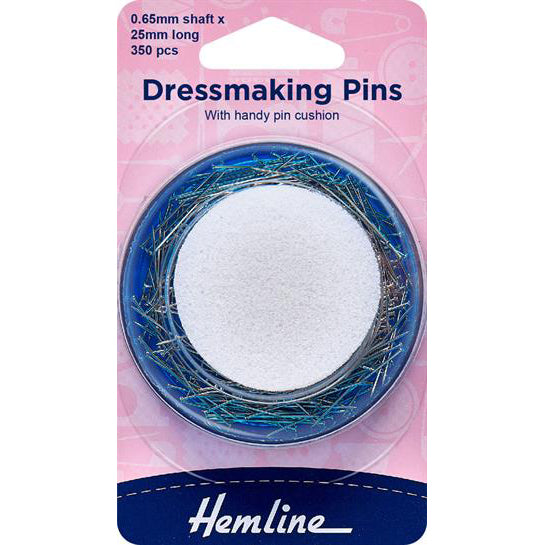 Hemline Dressmaking Pins - 25mm x 0.65mm 350pcs with Foam Pin Cushion ...