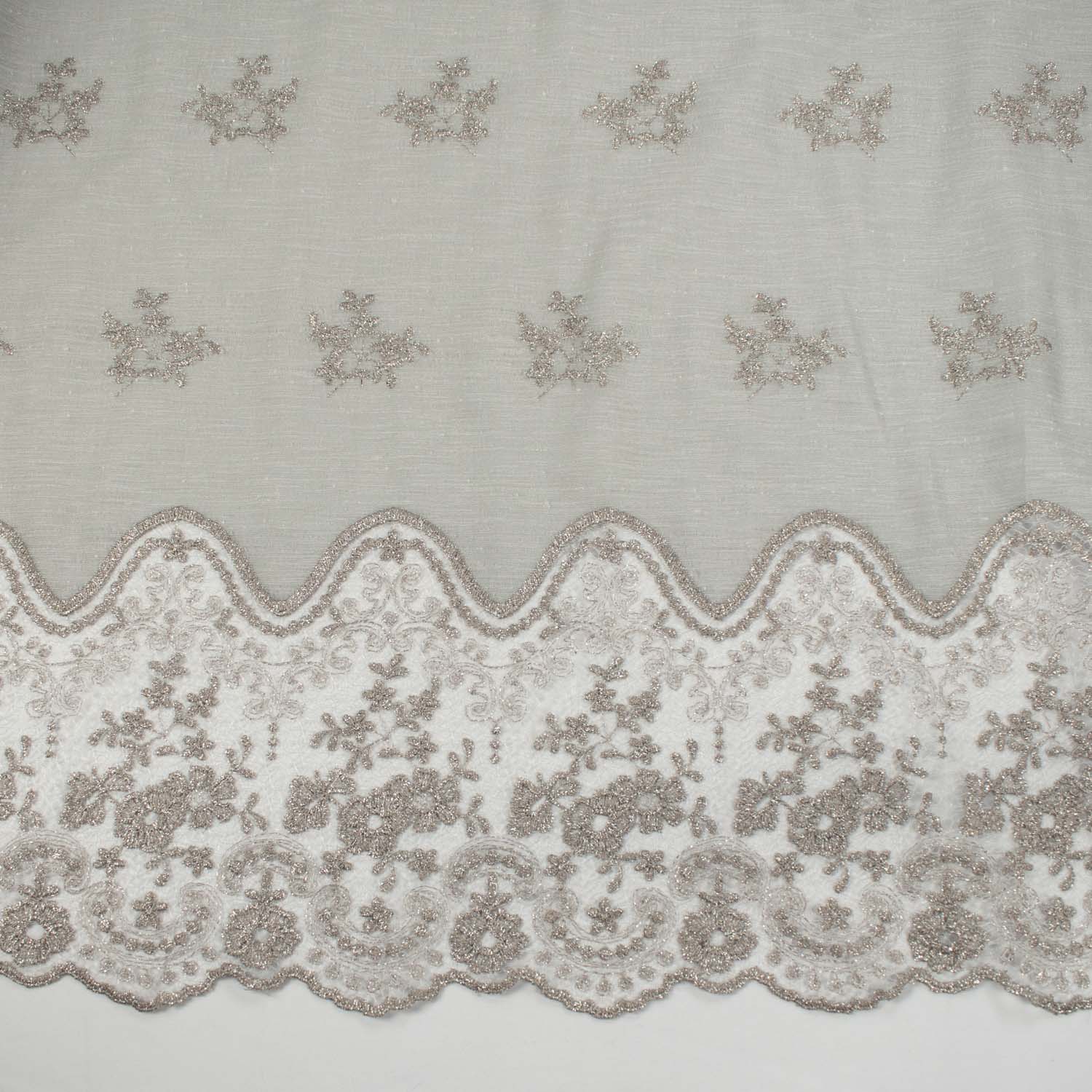 Turkish Lace Border Curtaining Sheer/Voile Metallic Floral Embroidered