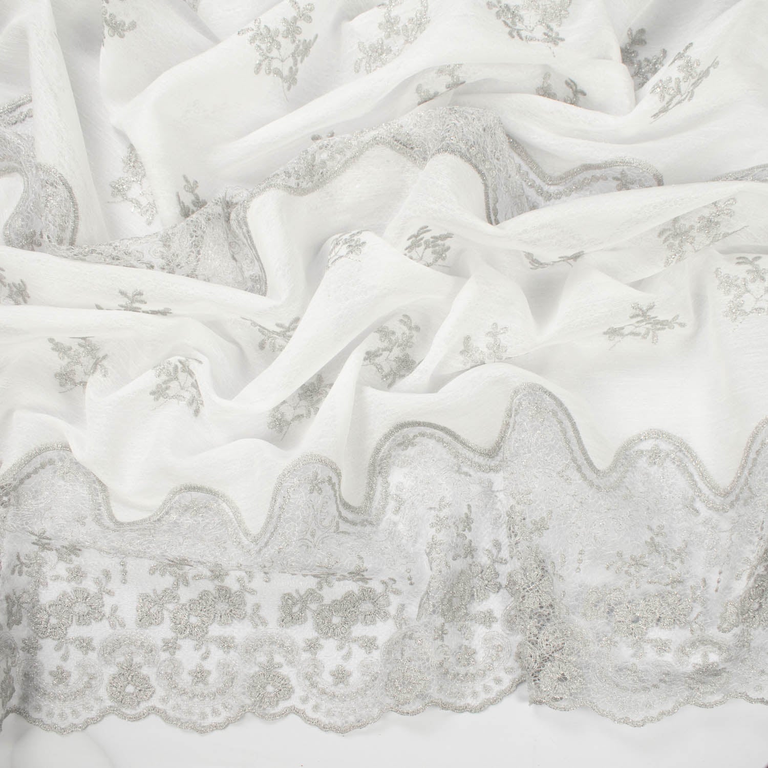 Turkish Lace Border Curtaining Sheer/Voile Metallic Floral Embroidered