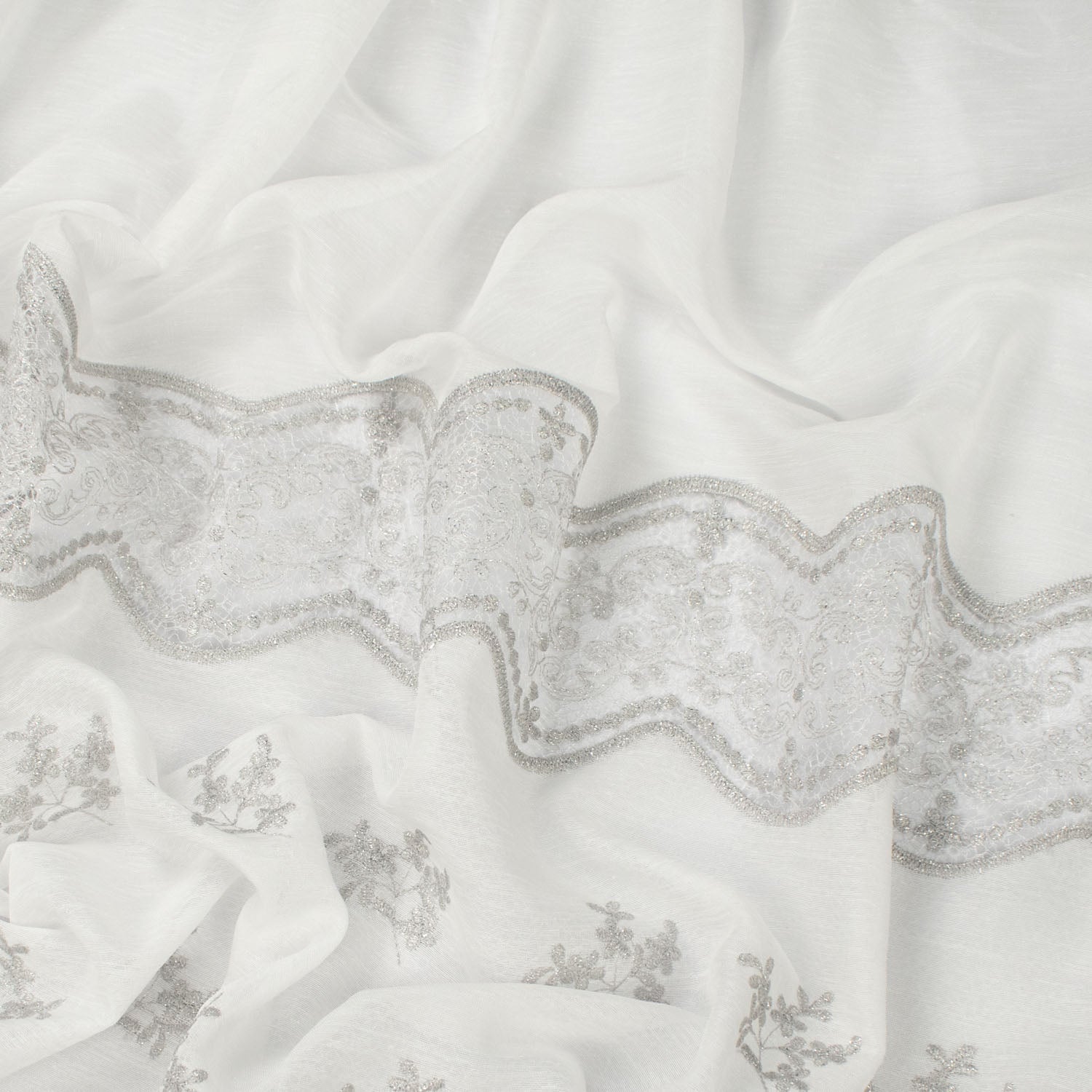 Turkish Lace Border Curtaining Sheer/Voile Metallic Floral Embroidered