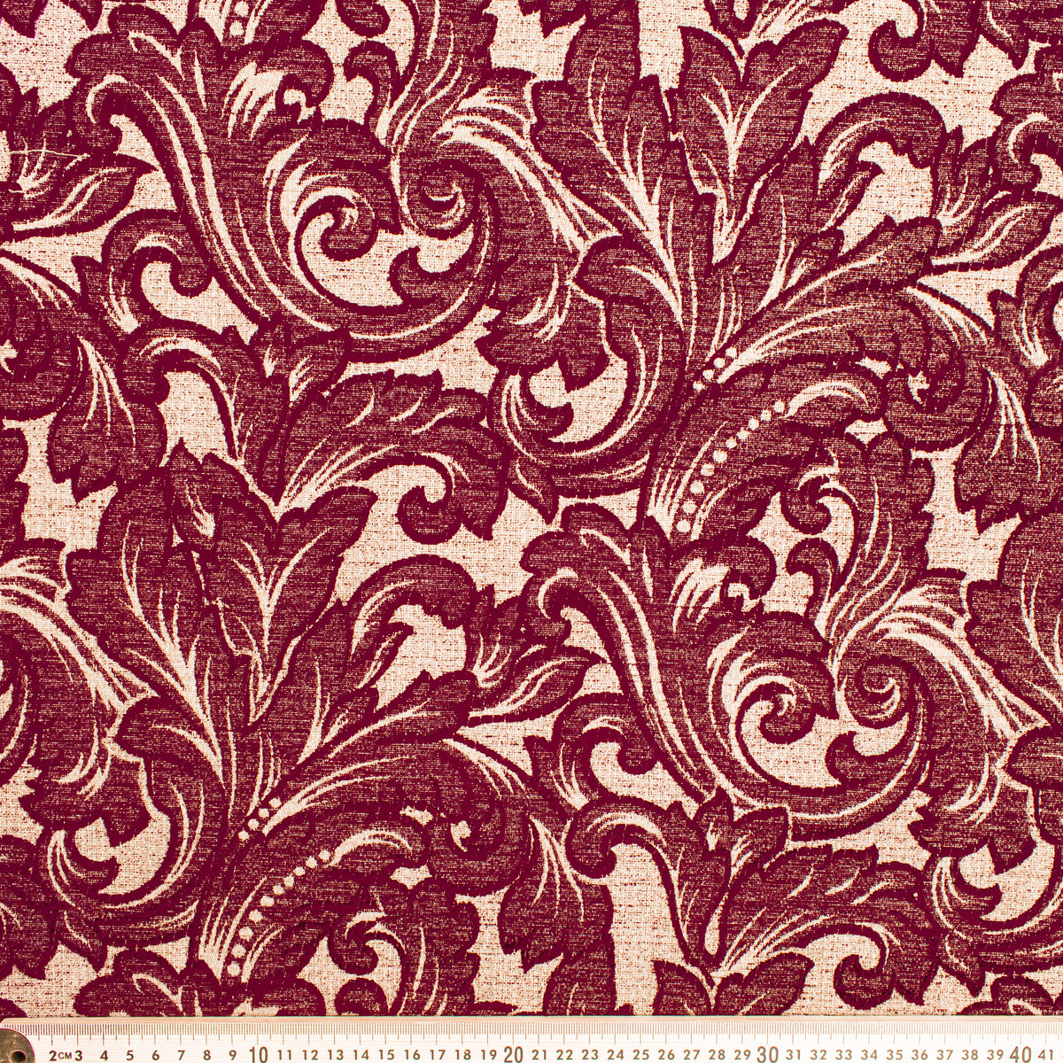 Ottoman Chenille Baroque Scroll Upholstery/Curtaining Fabric in Burgundy