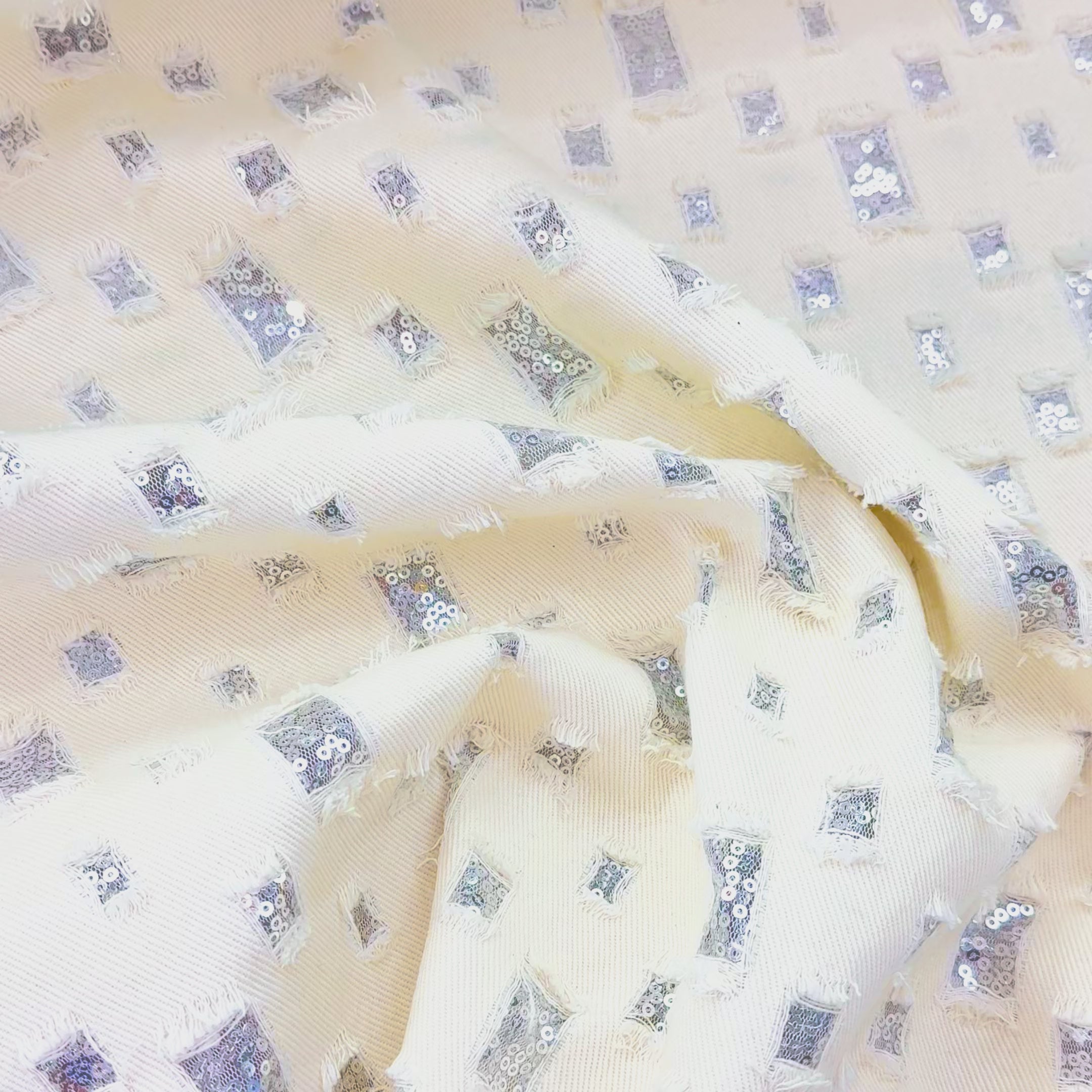 Sequin Mesh Cutout Denim