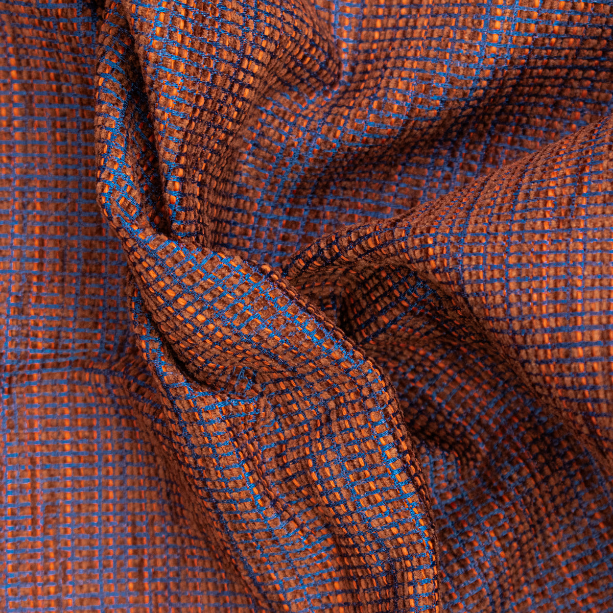 Textured Chenille Upholstery Fabric in Orange/Blue