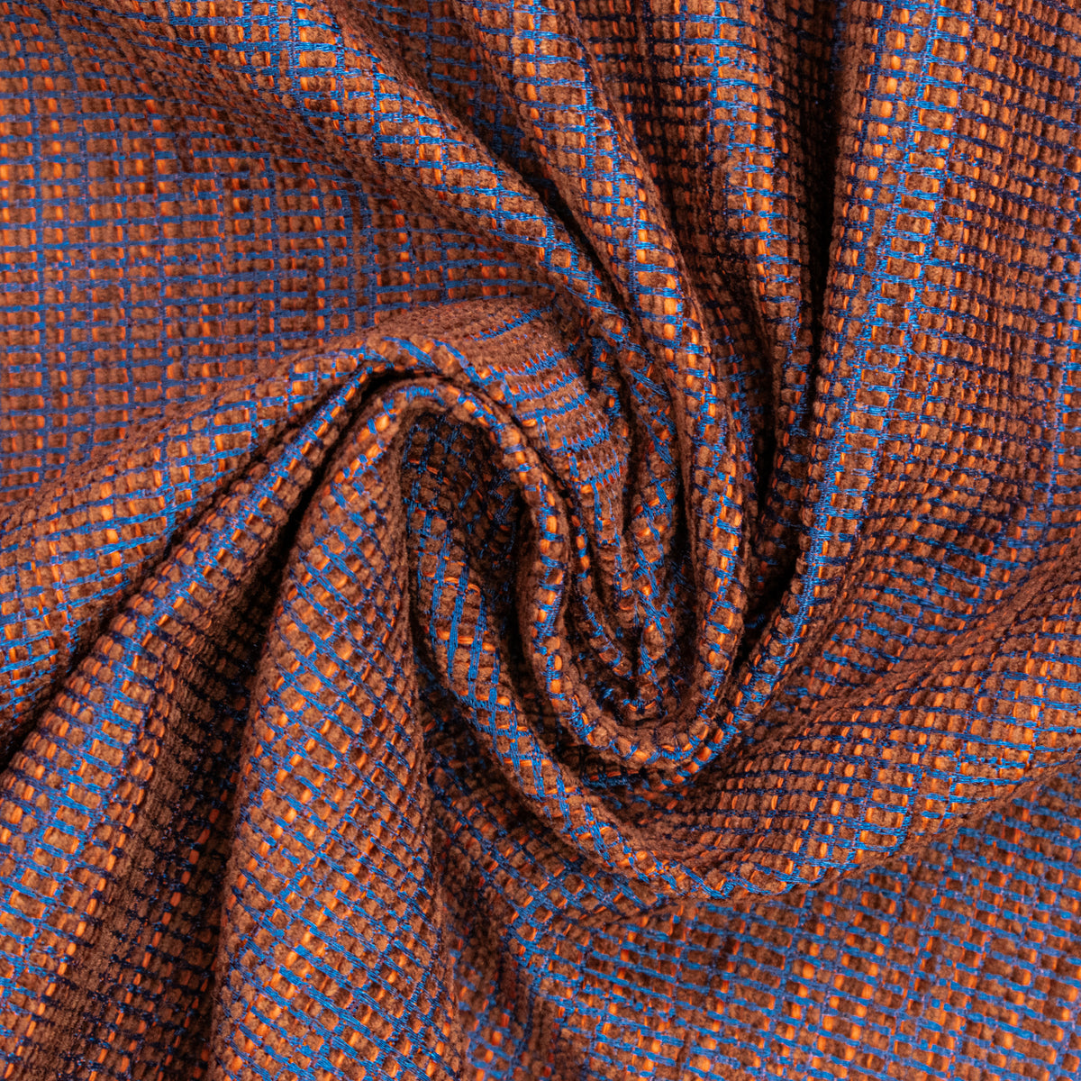 Textured Chenille Upholstery Fabric in Orange/Blue