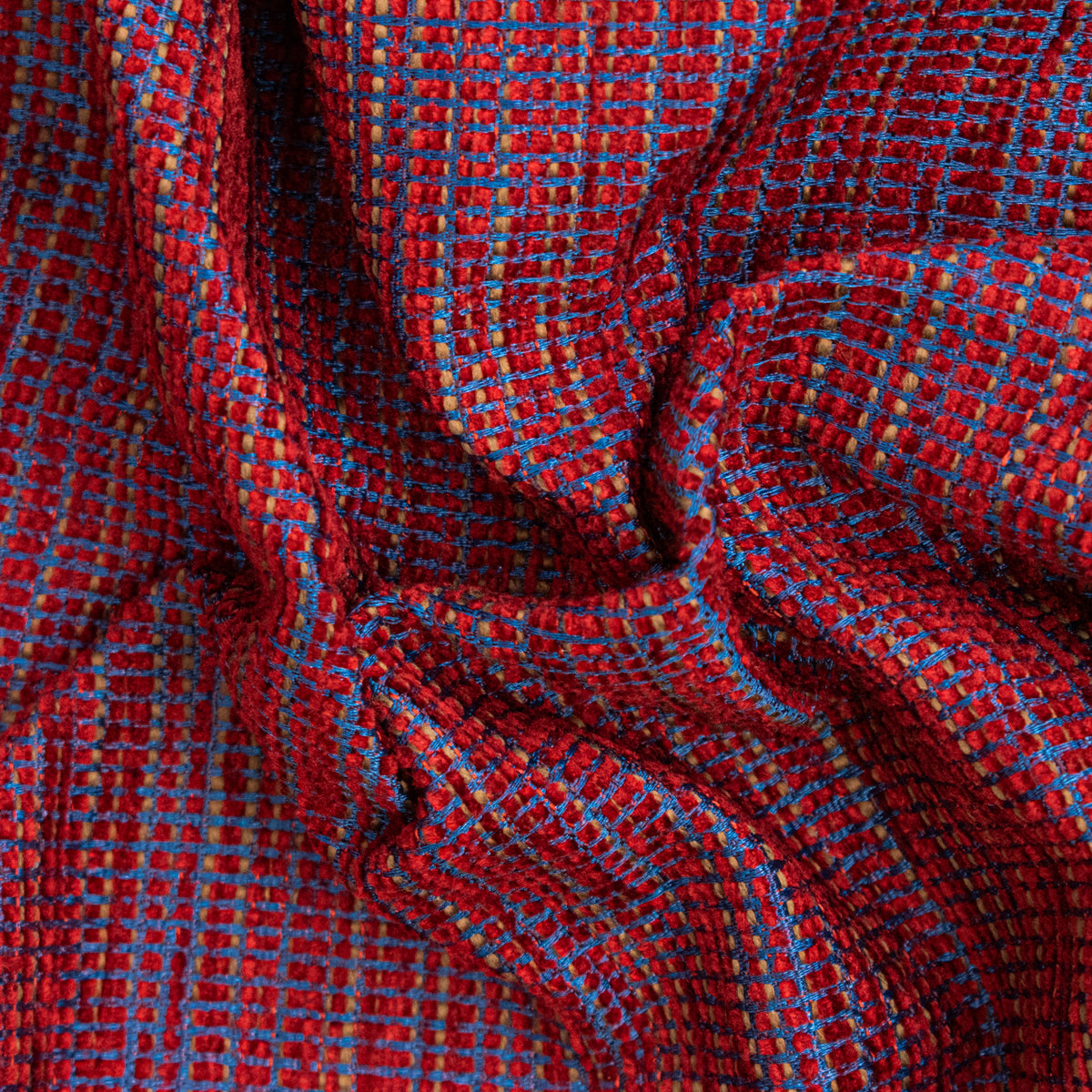 Textured Chenille Upholstery Fabric in Red/Blue