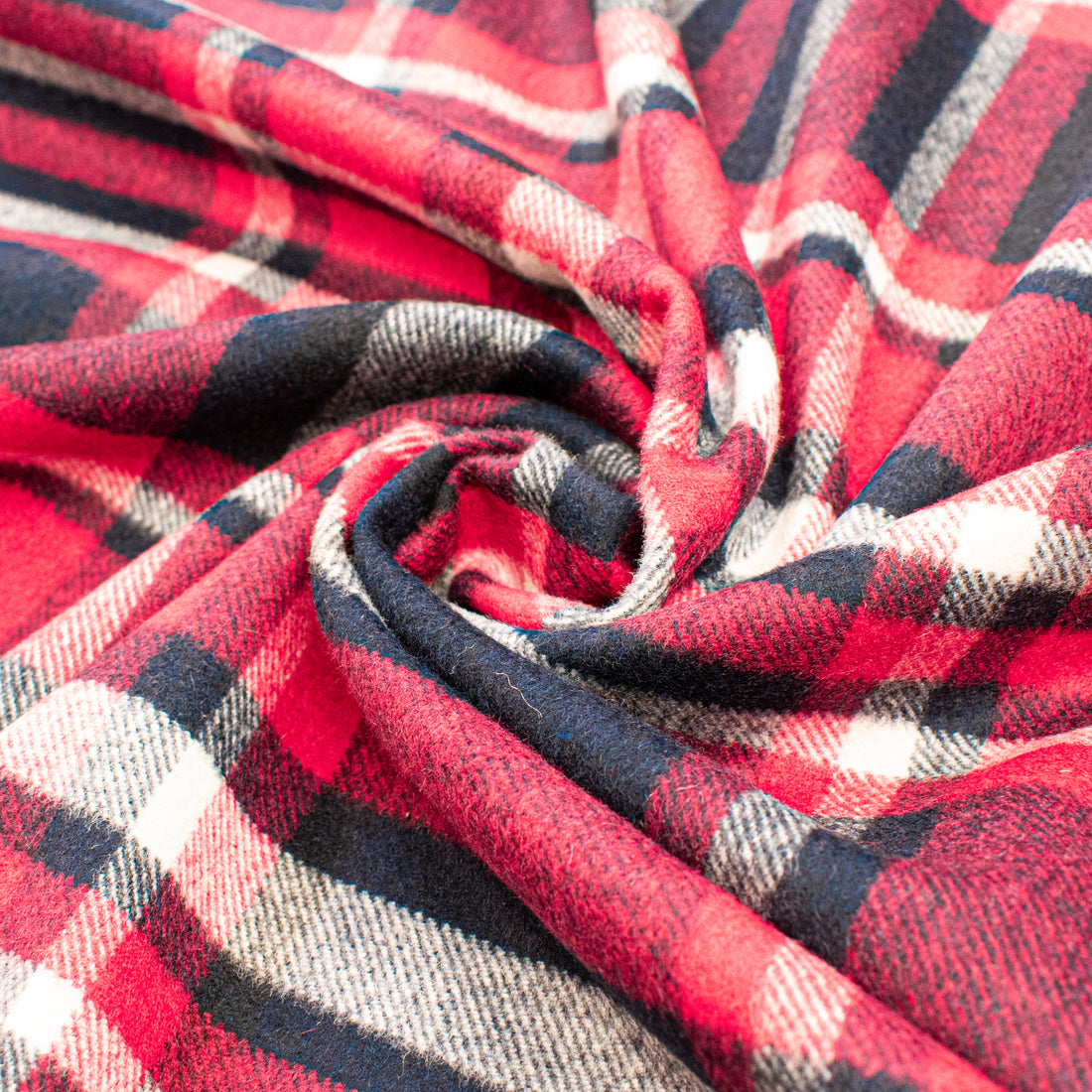 Red, Navy & White Tartan Check Wool Blend Melton
