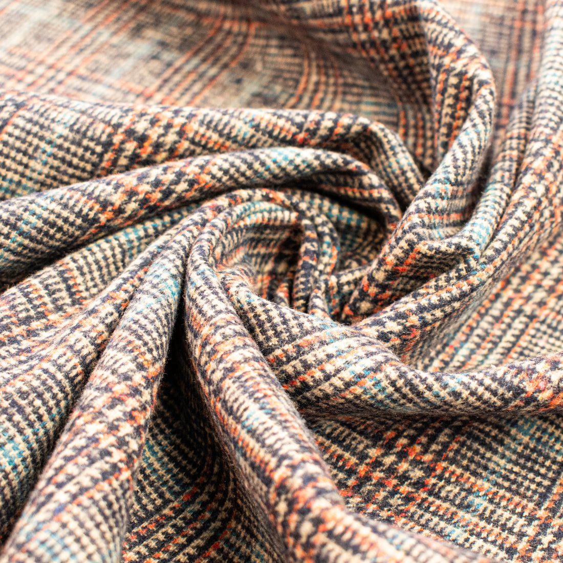 Beige, Navy & Teal Prince of Wales Check Wool Blend Melton