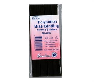 Hemline Polycotton Bias Binding - BLACK 12MM X 5M