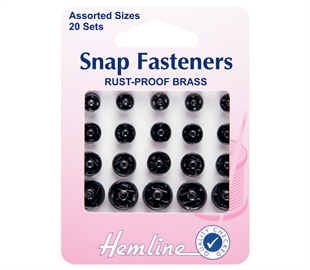 Hemline - Snap Fasteners – Black, Assorted Sizes, 20 sets