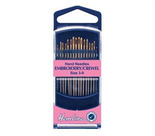 Hemline - Hand Needles – Embroidery/Crewel – 16 pack - size 3-9 - gold-eye
