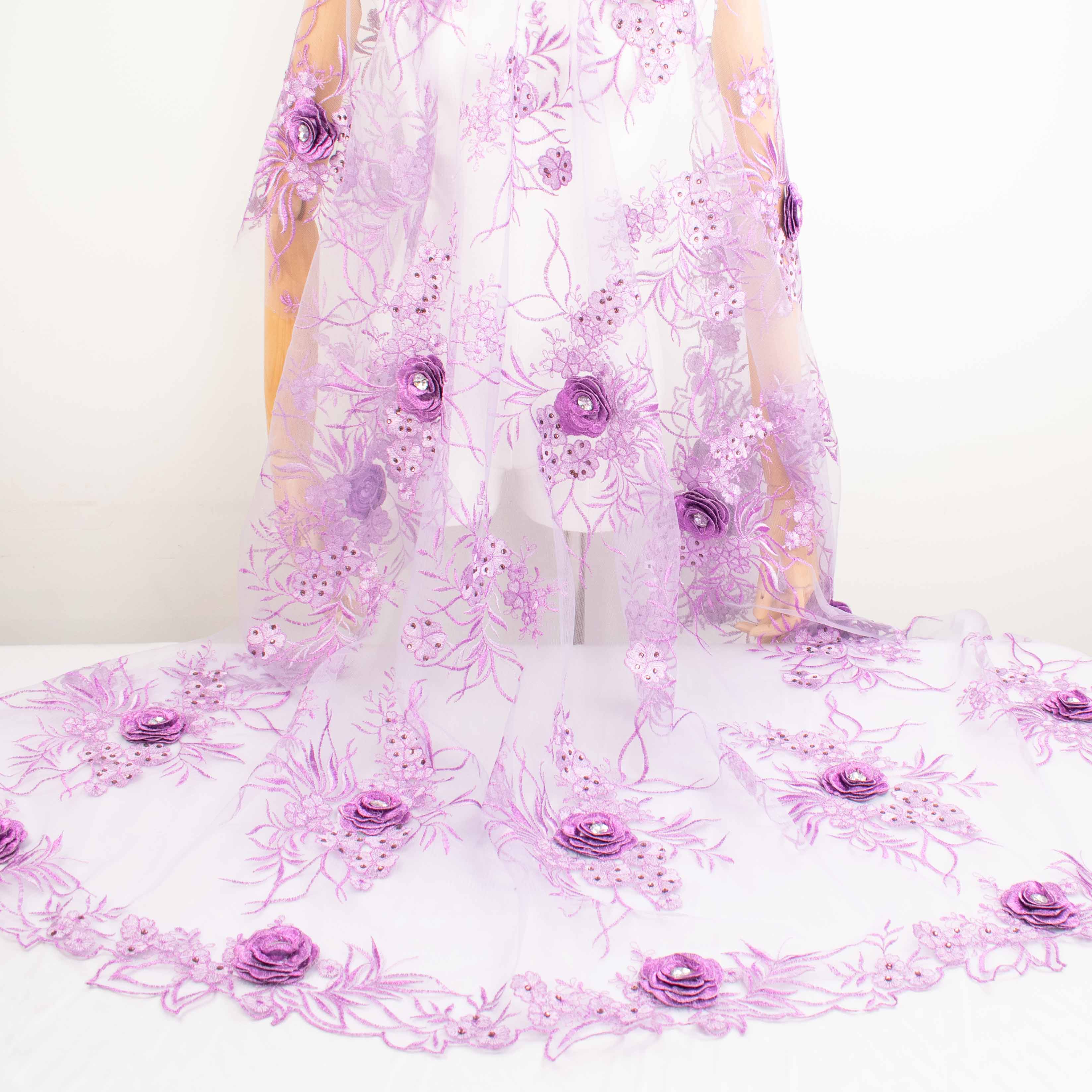 3D Flower with Gemstone Jewel Lace Purple