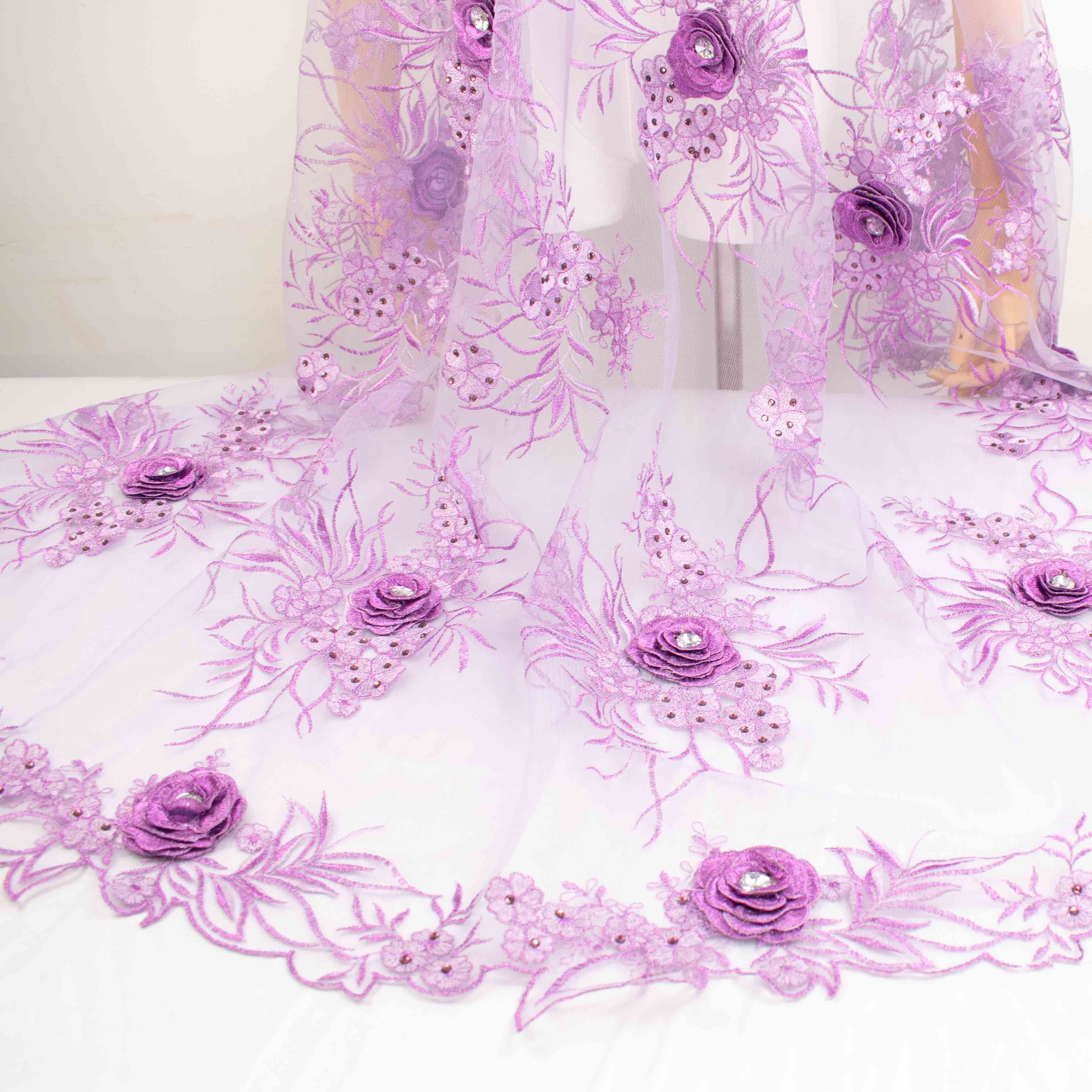 3D Flower with Gemstone Jewel Lace Purple