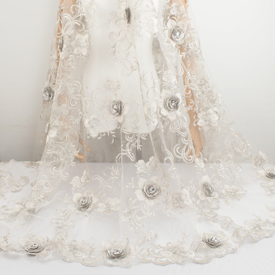 3D Flower with Gemstone Jewel Lace Silver