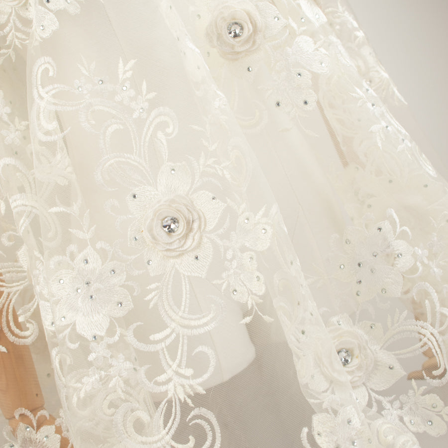 3D Flower with Gemstone Jewel Lace Ivory