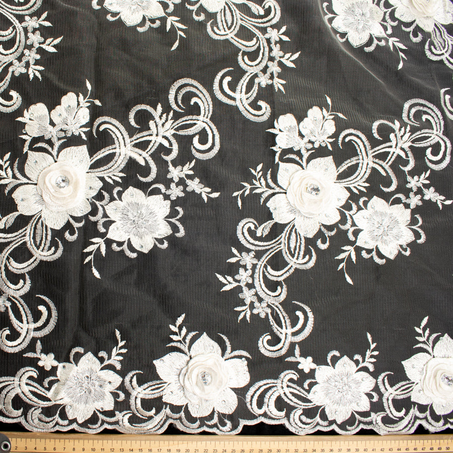 3D Flower with Gemstone Jewel Lace Ivory