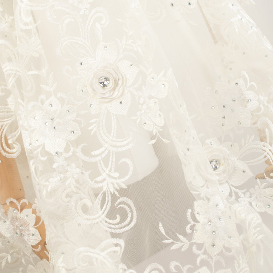 3D Flower with Gemstone Jewel Lace White Design-2
