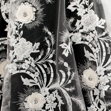 3D Flower with Gemstone Jewel Lace White Design-3