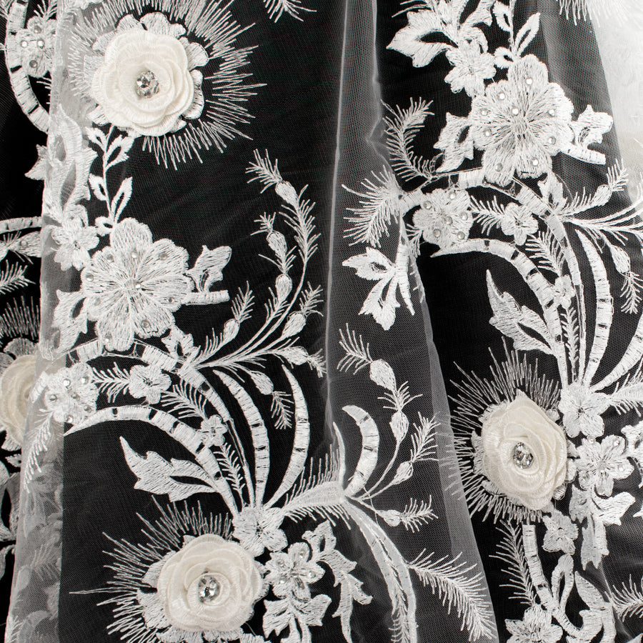 3D Flower with Gemstone Jewel Lace White Design-3