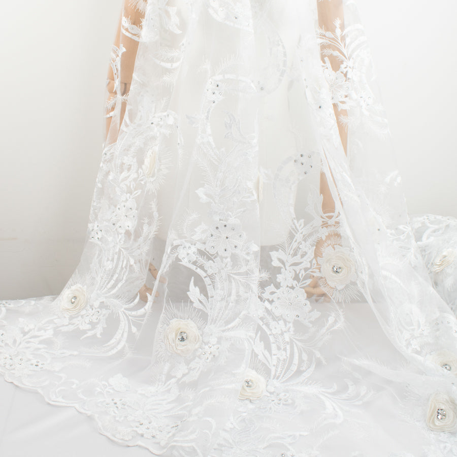 3D Flower with Gemstone Jewel Lace White Design-3