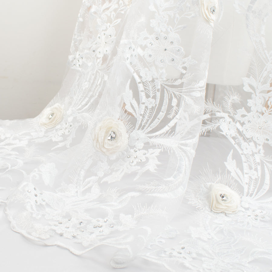 3D Flower with Gemstone Jewel Lace White Design-3