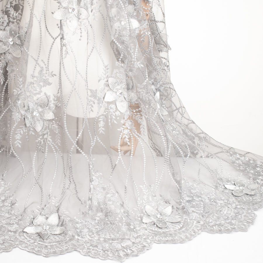 3D Flower with Gemstone Jewel Lace Design-4 Silver