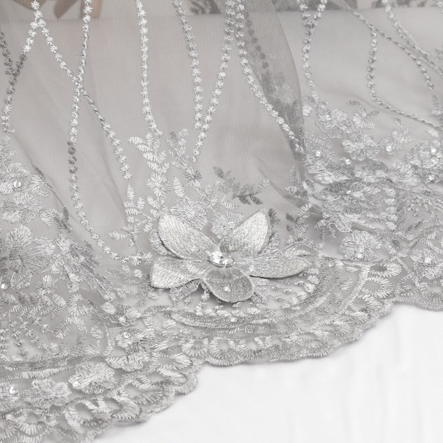 3D Flower with Gemstone Jewel Lace Design-4 Silver