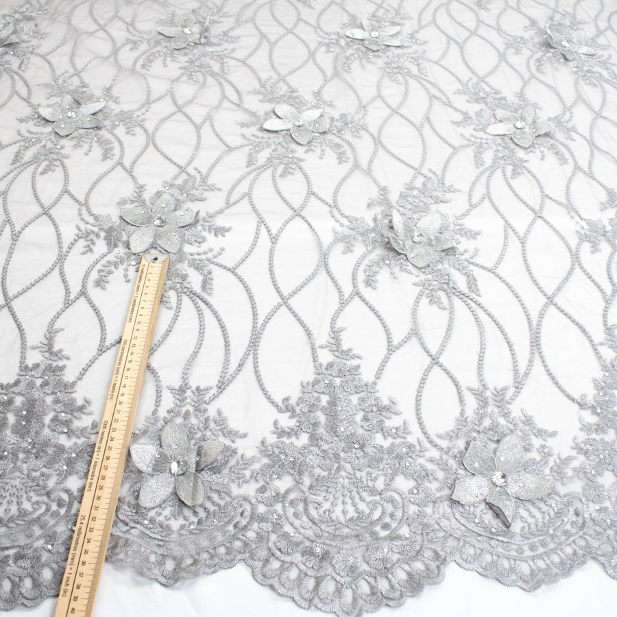 3D Flower with Gemstone Jewel Lace Design-4 Silver