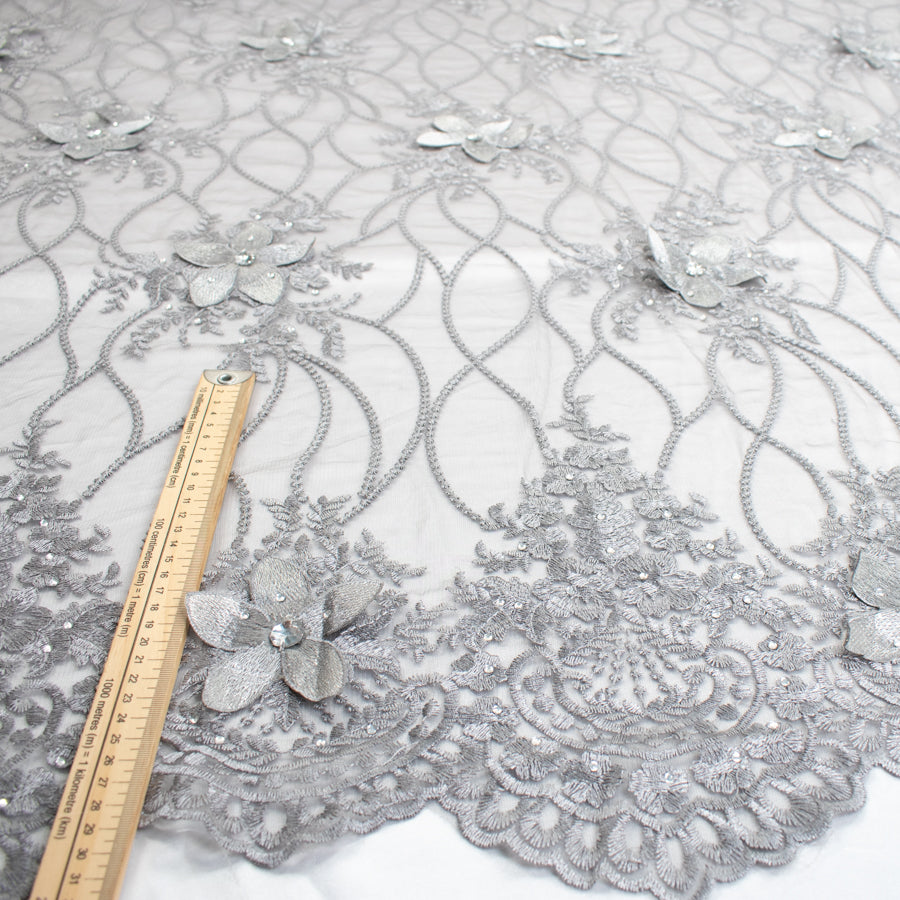 3D Flower with Gemstone Jewel Lace Design-4 Silver