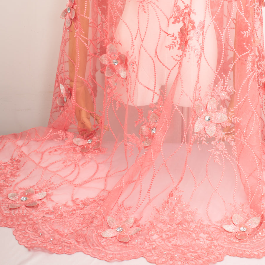 3D Flower with Gemstone Jewel Lace Design-4 Dusty Pink