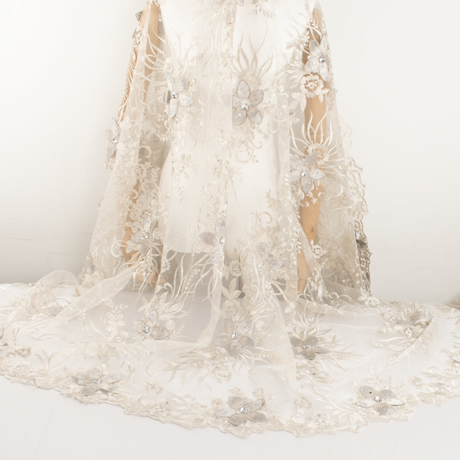 3D Flower with Gemstone Jewel Lace Design-4 Light Silver