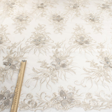 3D Flower with Gemstone Jewel Lace Design-4 Light Silver