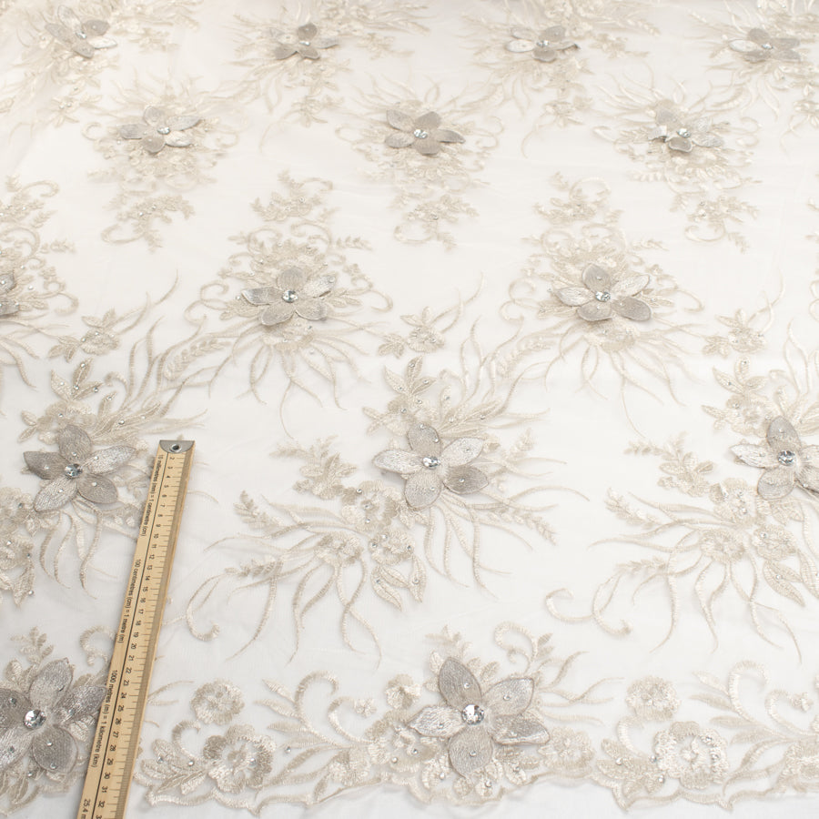 3D Flower with Gemstone Jewel Lace Design-4 Light Silver