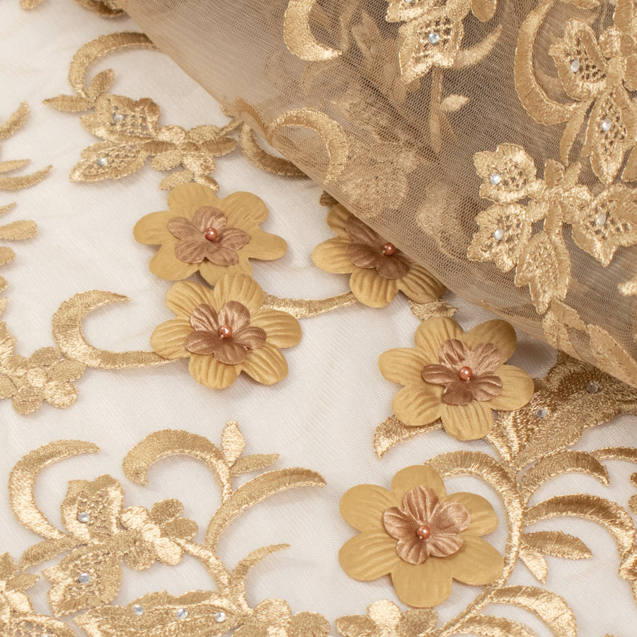3D Flower with Gemstone Jewel Lace Design-5 Gold