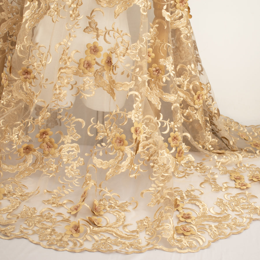 3D Flower with Gemstone Jewel Lace Design-5 Gold