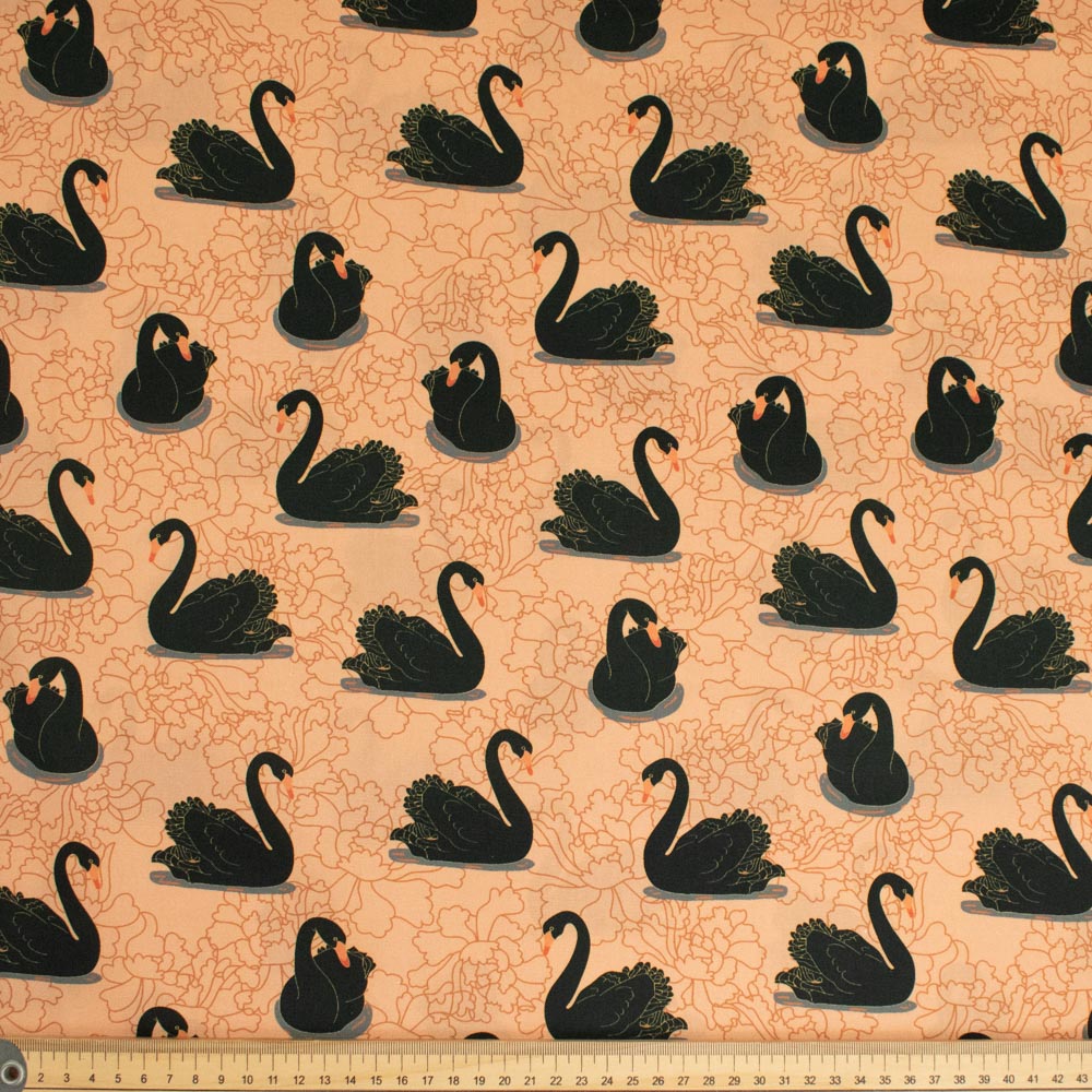 Australiana/Aboriginal Inspired Cotton Prints Design - Black Swan on Dusty Orange