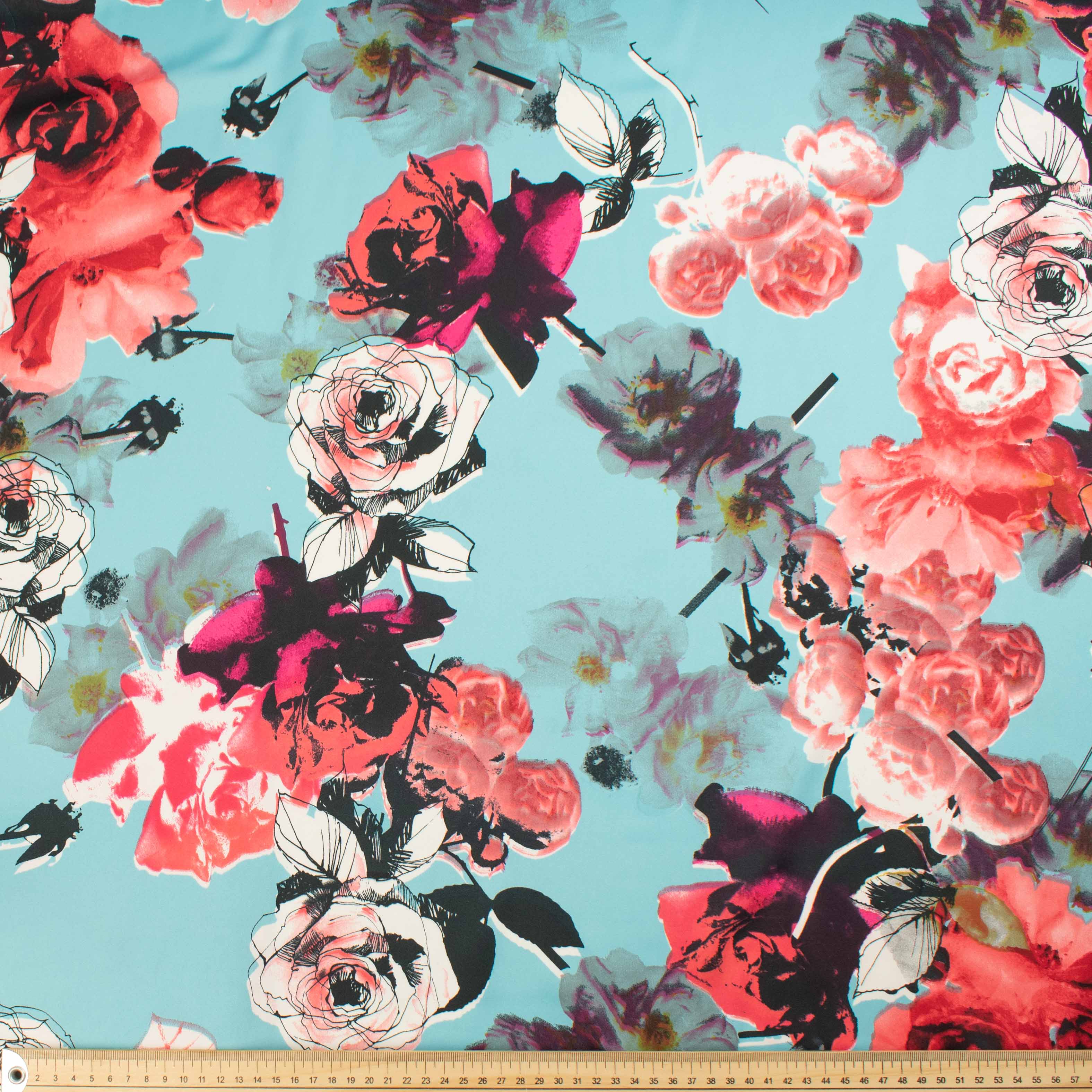 Ayla Printed Crepe Design-681 Novelty Red Flowers on Blue