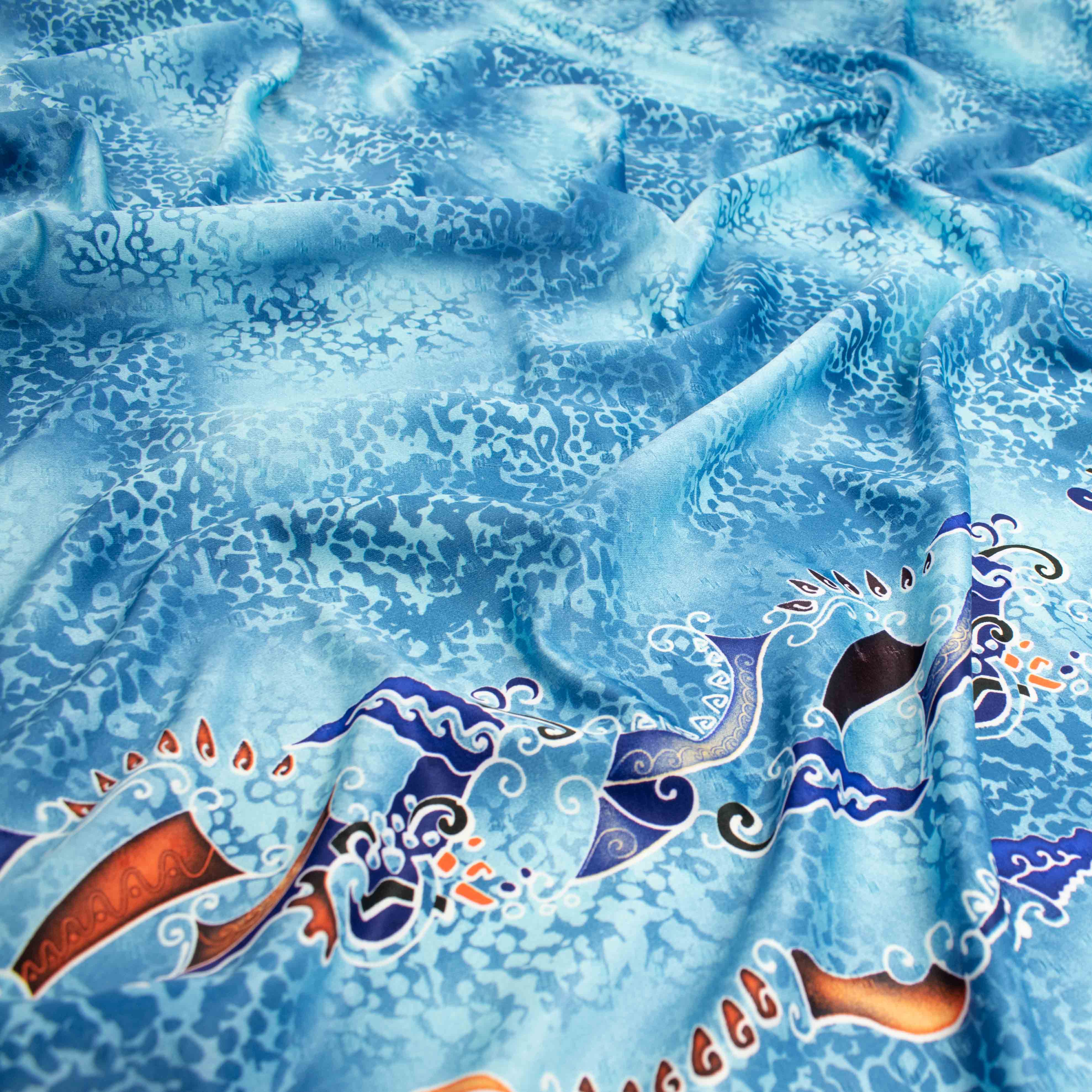 Printed Peach Satin Design-8 Blue Aztec Border Prints
