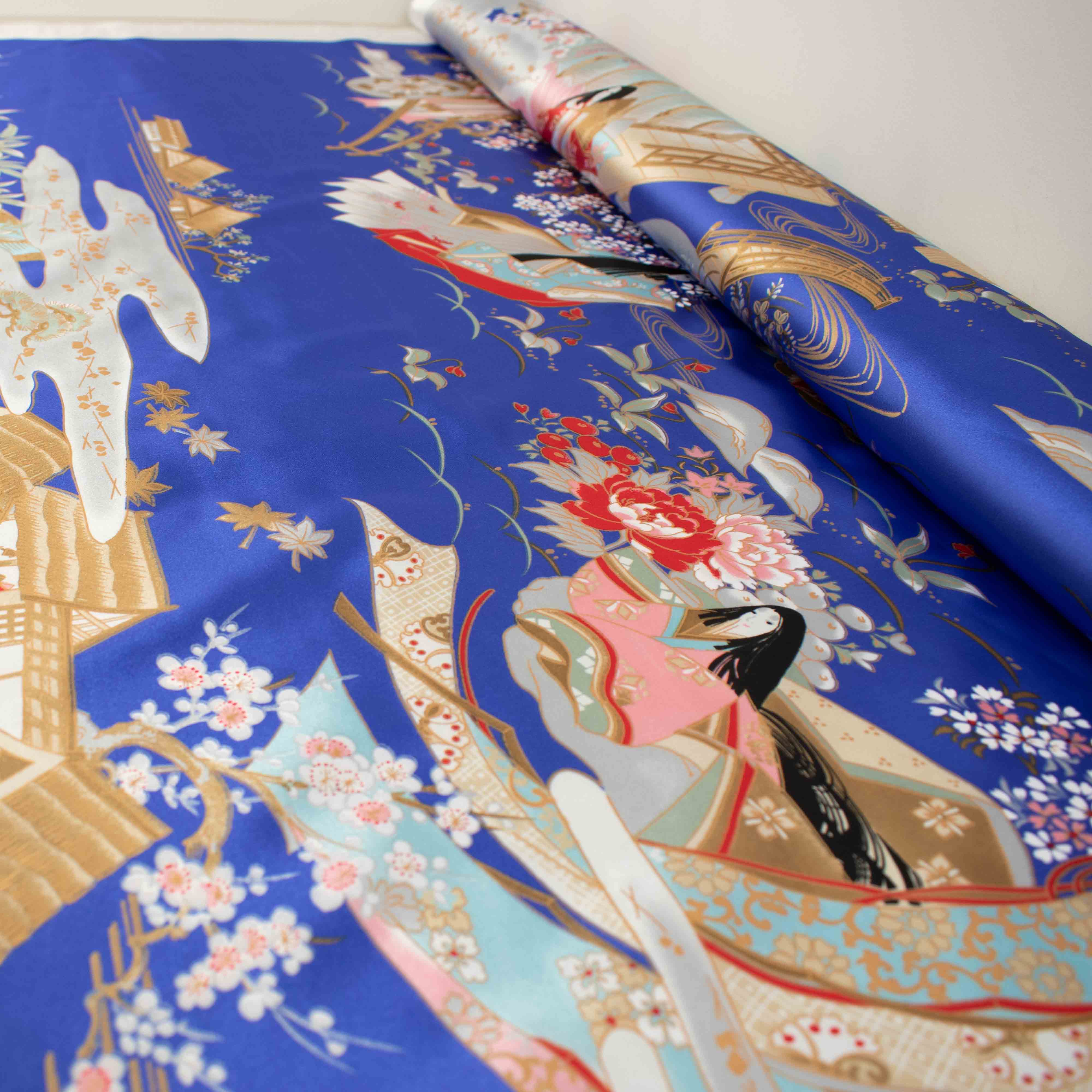 Japanese Ukiyoe Kimono Satin Prints Design-Royal Blue