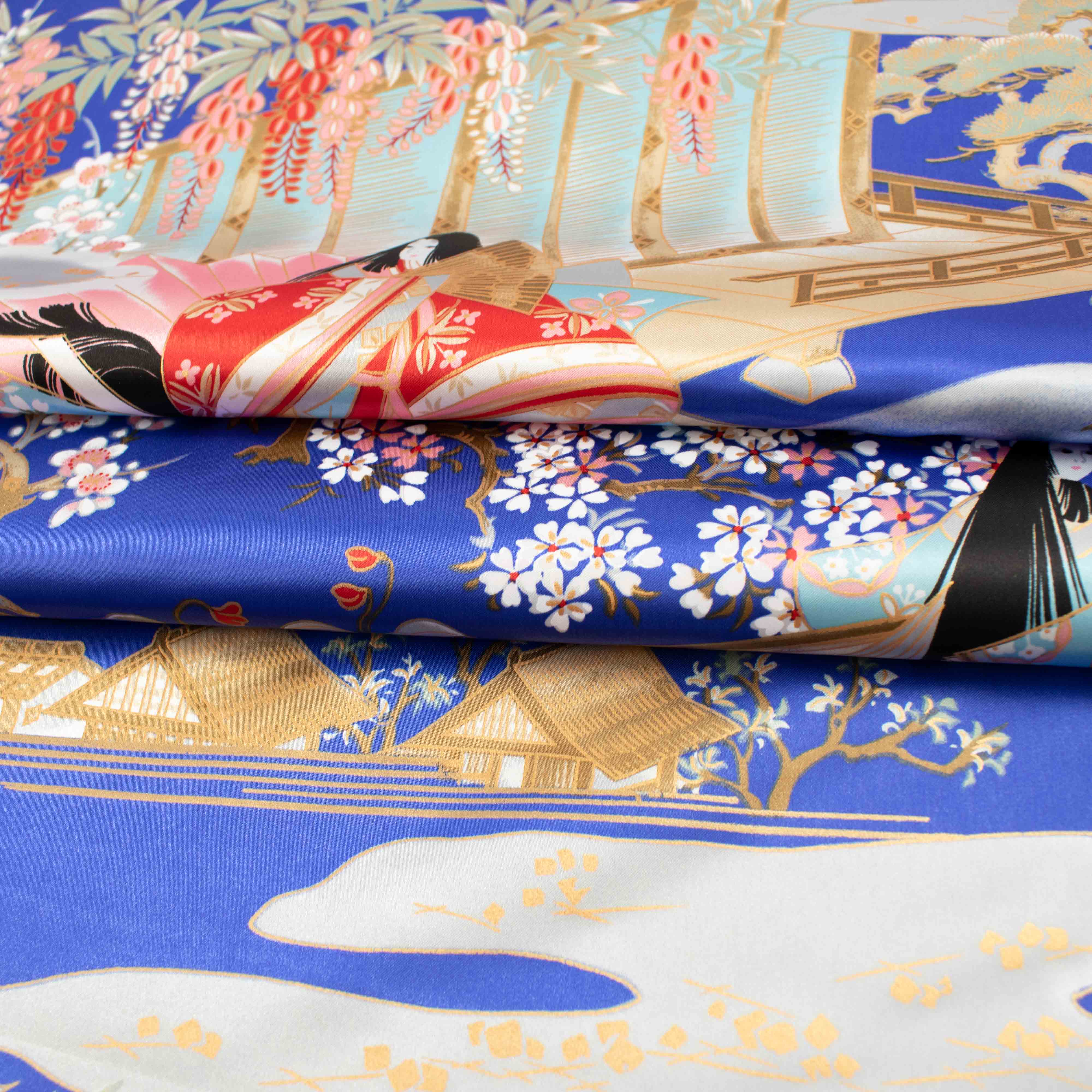 Japanese Ukiyoe Kimono Satin Prints Design-Royal Blue
