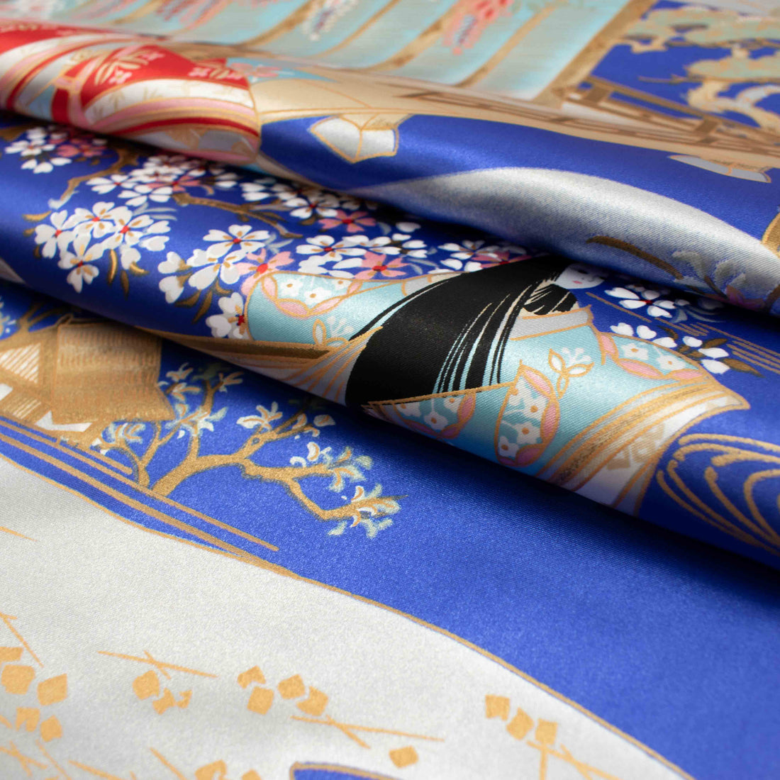 Japanese Ukiyoe Kimono Satin Prints Design-Royal Blue