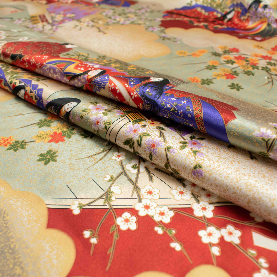 Japanese Ukiyoe Kimono Satin Prints Design-Beige