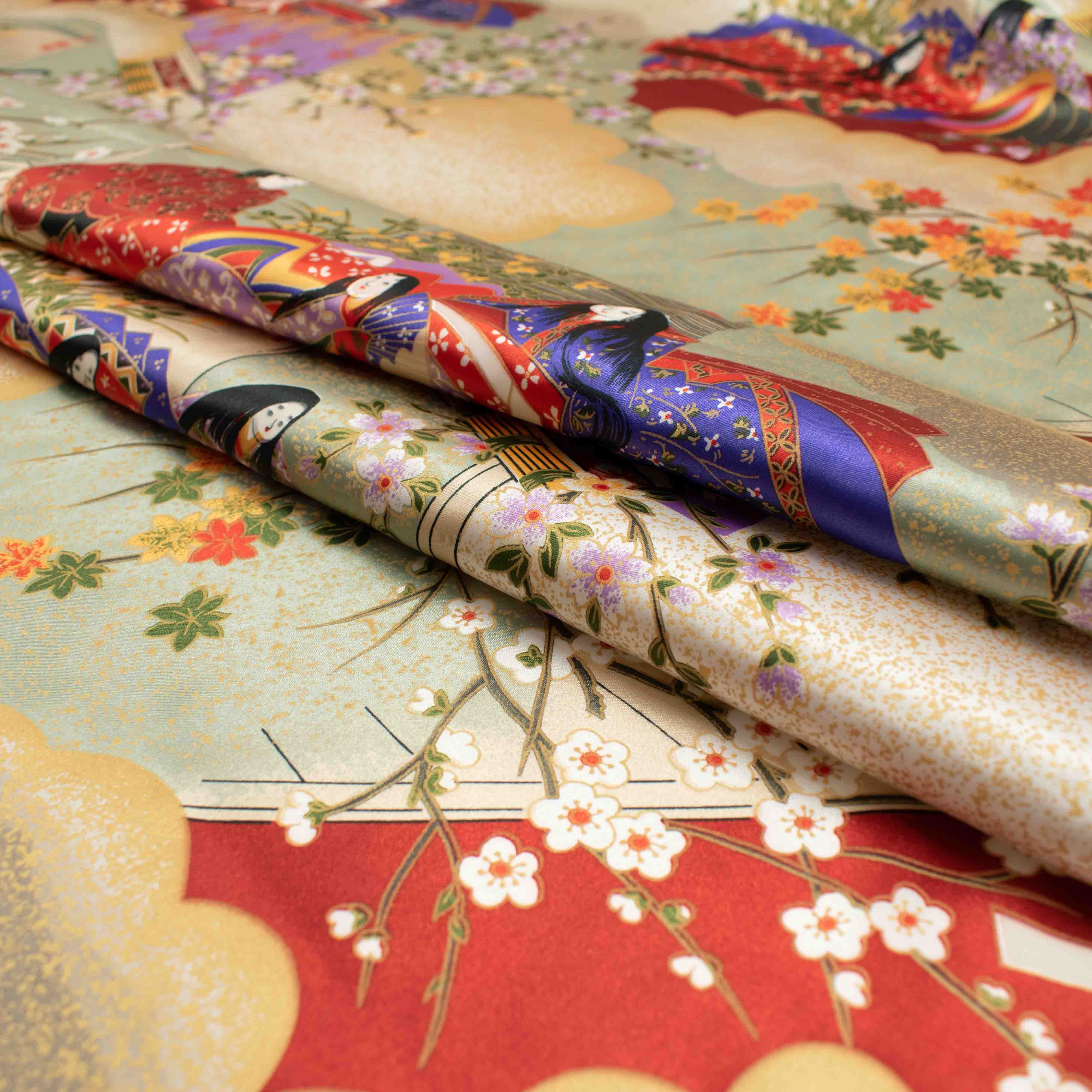 Japanese Ukiyoe Kimono Satin Prints Design-Beige